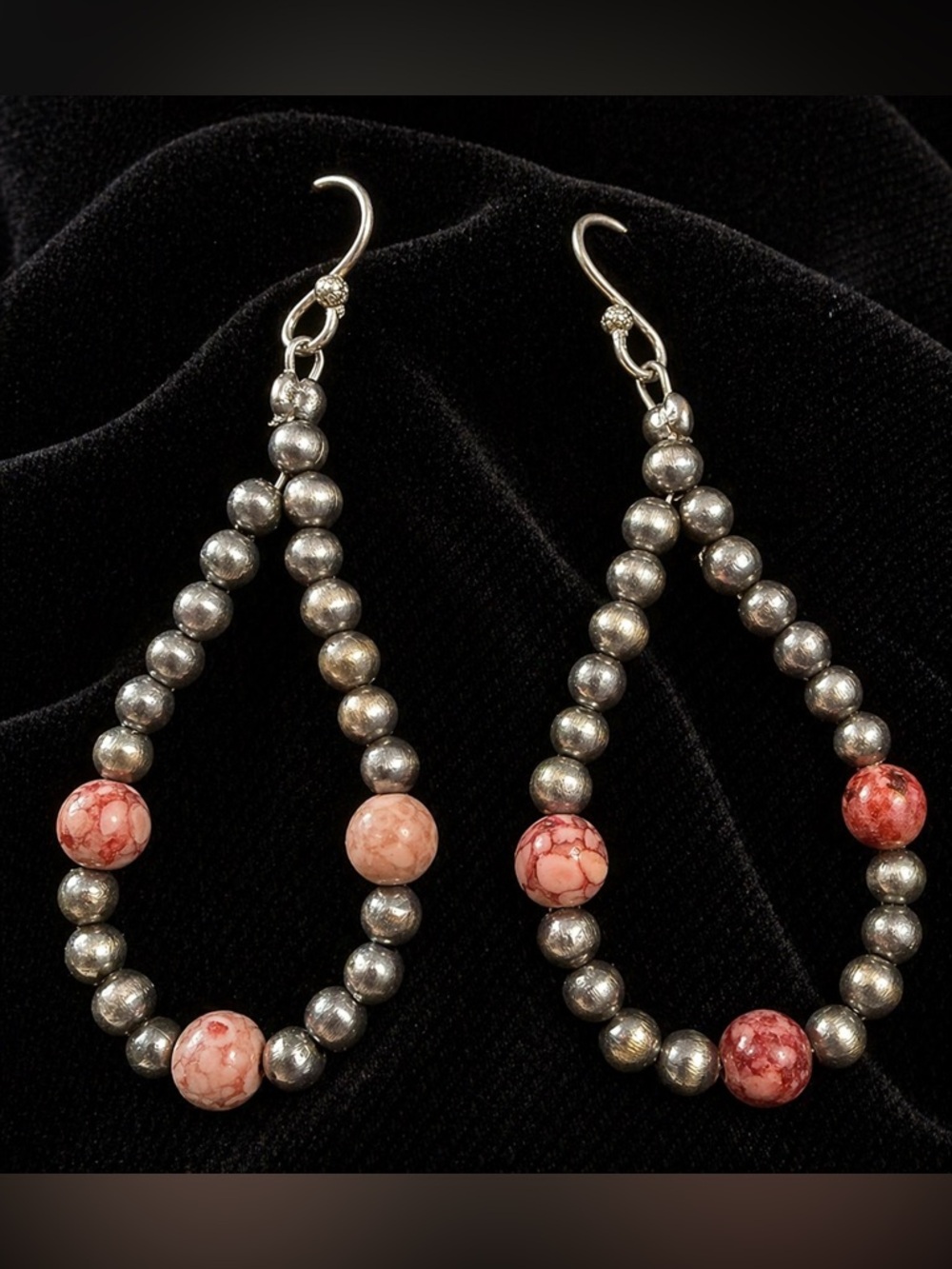 Sterling Silver Beaded Hoop Earrings 2.5” Pink Magnesite Style Western Boho